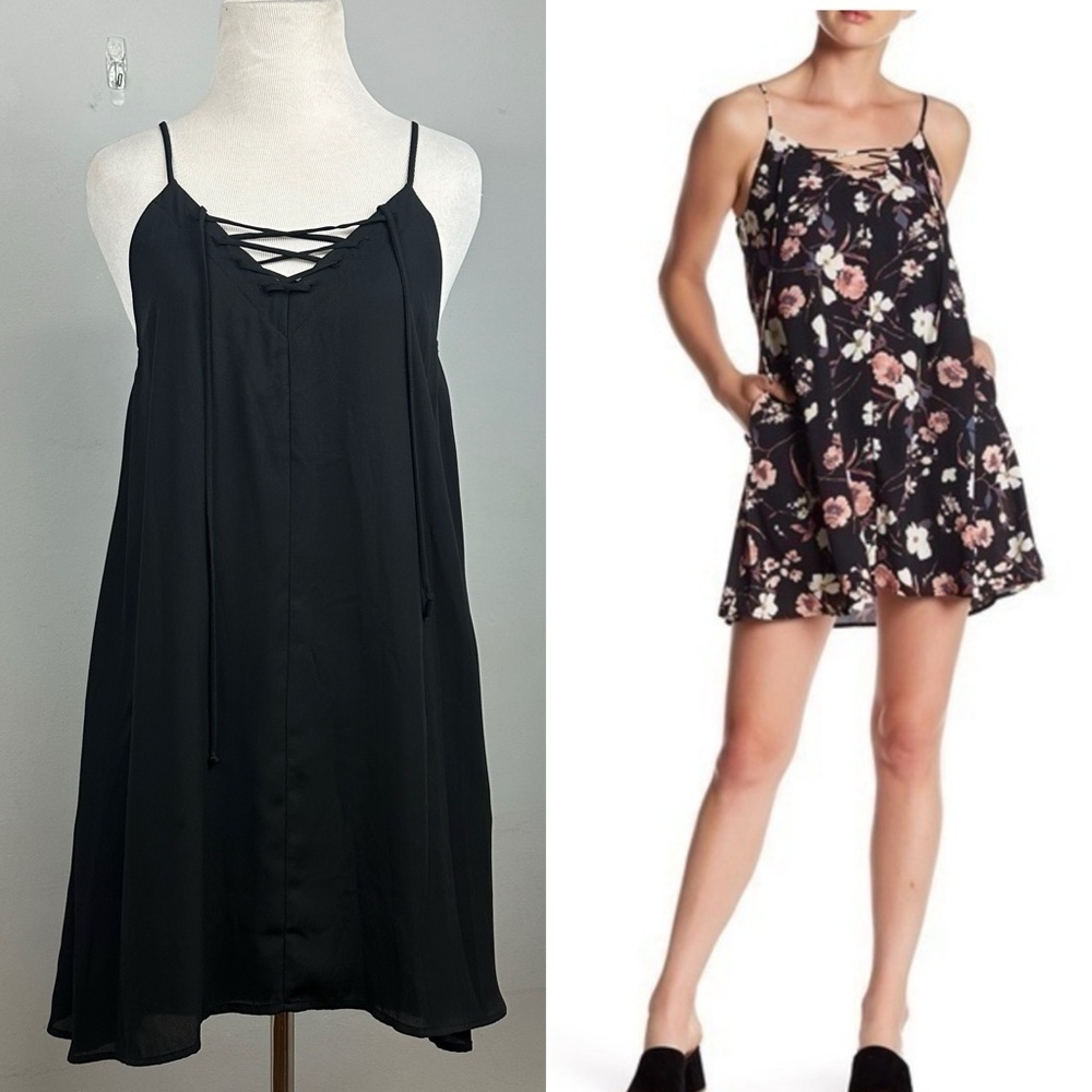 NWT Nordstrom Mimi Chica Black Lace Up Swing Slip Mini Dress Sz S